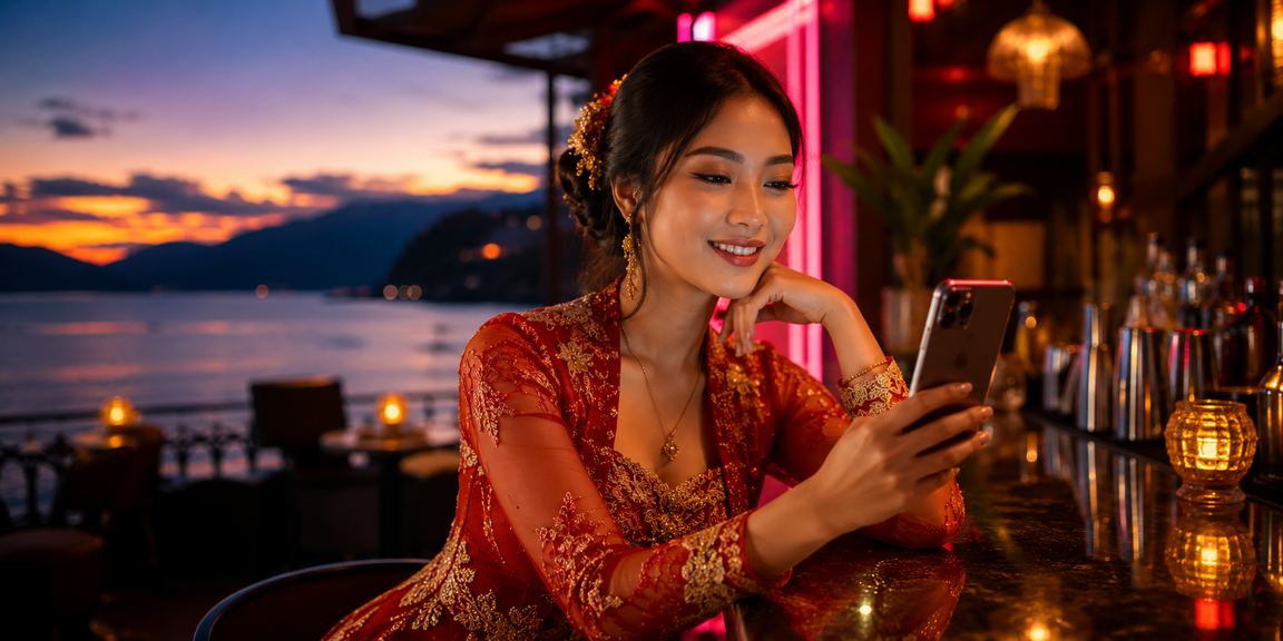 Tampilan kasino mobile dengan lampu neon berwarna-warni di malam hari