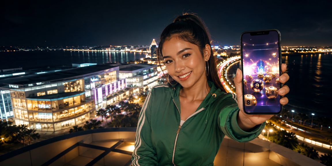 Model menunjukkan tiket lotre dengan ekspresi antusias dalam suasana kasual Indonesia